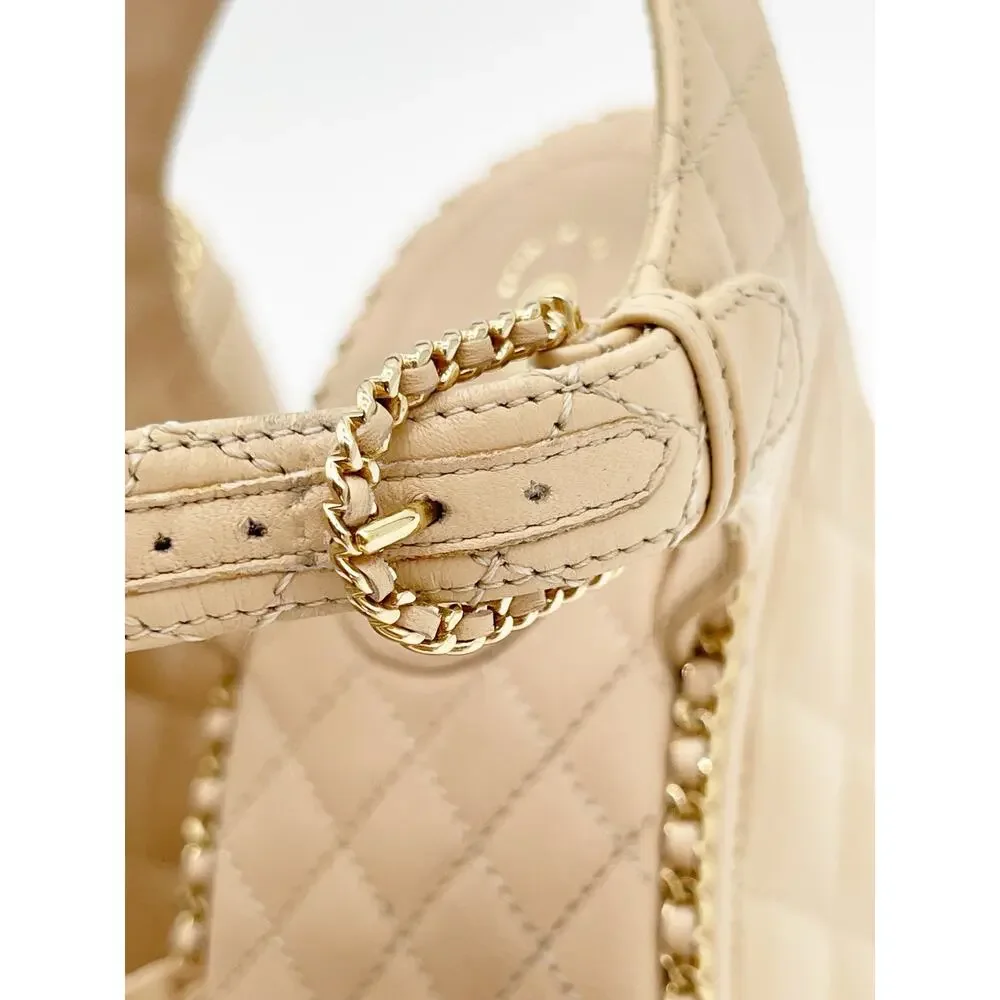 Chanel Spring 2015 Beige Quilted Leather Chain CC Platform Wedge Sandals EU 39